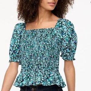 J. Crew Factory Blue Floral Smocked Blouse